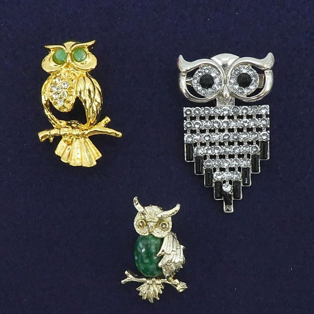 Vintage Owl Brooch Lot Rhinestone Figural Novelty Animal 3pc